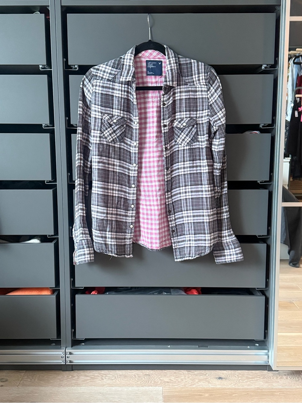 American Eagle Womens Western Plaid Button Shirt Size 8 Gray Grunge Western Boho
